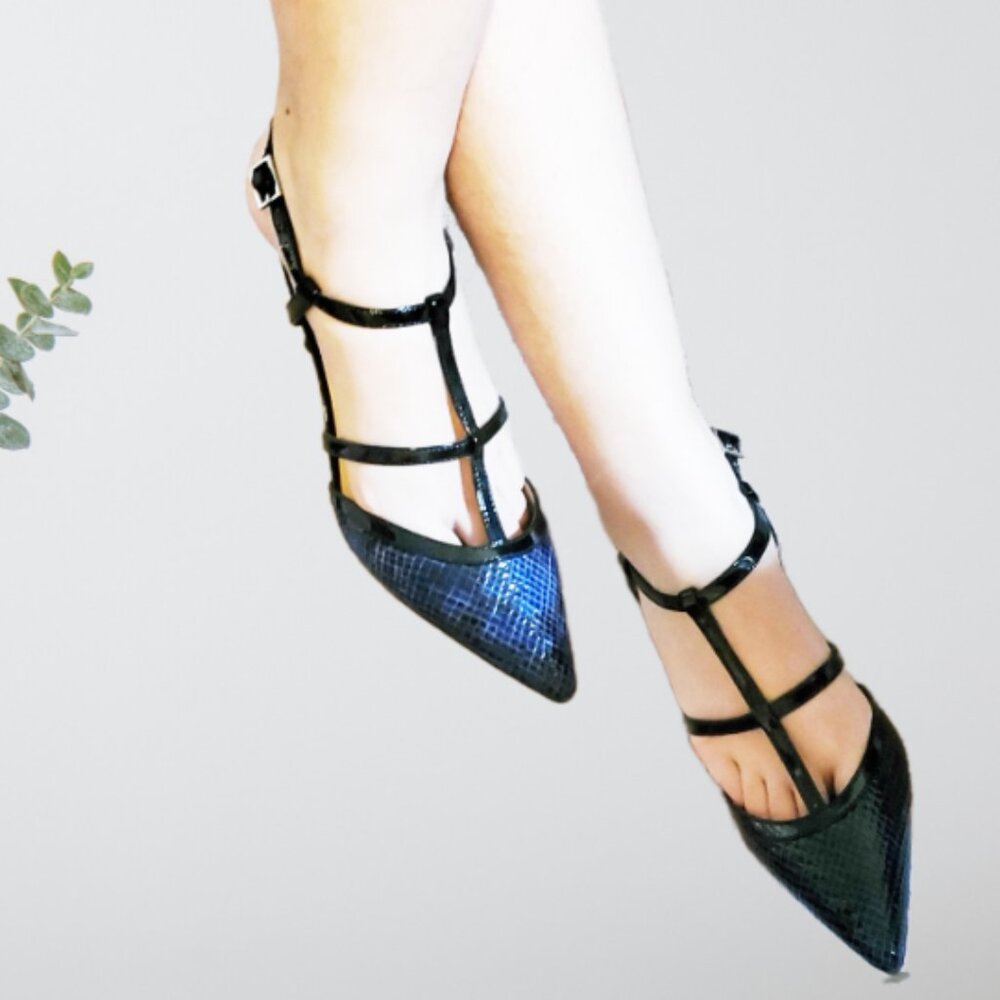 Audrey Brooke Blue/Black Leopard Texture Suede Style Comfort Pointe Heels SZ 7.5